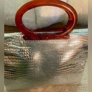 Silver Crocodile-Embossed Zip Closure Metallic Bag with Brown Acrylic Handles